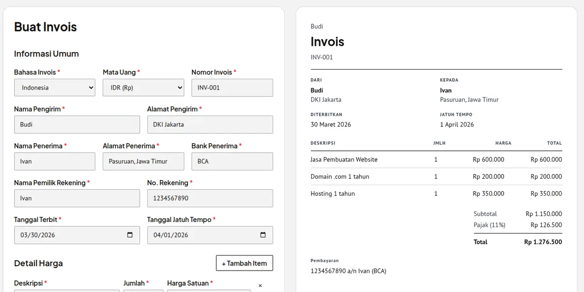 Tampilan Pembuatan Invois Sinvois